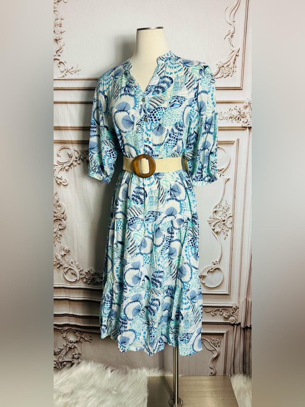 Blue Paisley Midi Shirt Dress with Belt - Picture 2 of 7